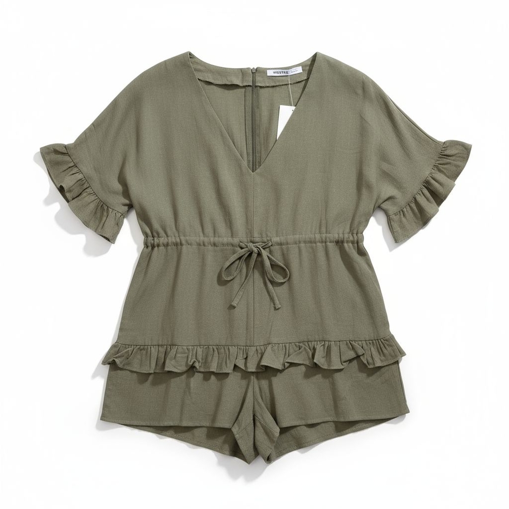 WDSTYLE V-Neck Ruffle Sleeve Layered Drawstring Waist Romper - Picture 2 of 14